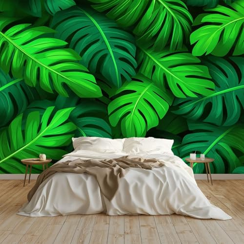 Art Papel Tapiz Fotográfico Plantar Hojas De Palma Papel Pintado no Tejido 200x140 cm Lana Decoración de Pared Sala Cuarto Póster Mural para Sala de estar Dormitorio Decoración, Verde Oscuro