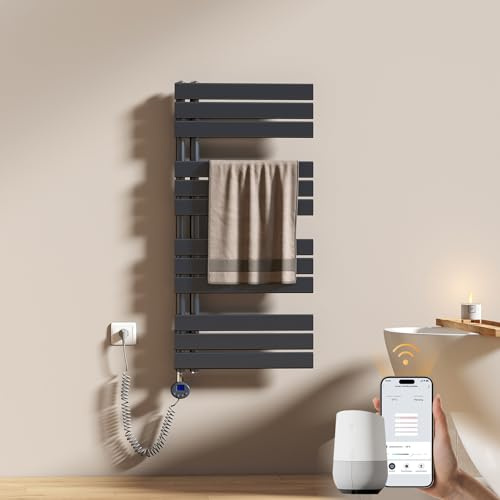 EMKE WiFi Badheizkörper Elektrisch 1041x500 mm - Flach Handtuchheizkörper Elektrisch, Elektrischer Handtuchwärmer Handtuchtrockner Handtuch Heizkörper Bad mit Thermostat und Heizstab - 600W, Anthrazit
