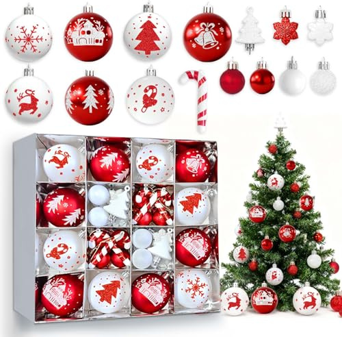 Betensh 42 Stück Weihnachtskugeln Rot Weiß, Christbaumkugeln Weihnachtsbaumkugeln Set, Weihnachtsbaumschmuck mit Aufhänger Bruchsicher,Weihnachtsdeko Außen Innen