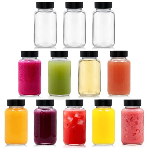 LIMILI 12pcs 120ml Glass Shot Bottles with Lids, Reusable Small Clear Ginger Bottles, Wide Mouth Leakproof Mini for Drinking, Dishwasher and Fridge Safe