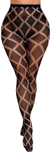 Inquekets Fish Net Stocking for Women Sexy High Waist Fishnet Stockings Lace Patterned Black Fishnets Soft Mesh Tights with Designs(Square)