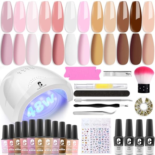 Clara Colors 12 Color Nude Gel Gel Nail Polish Set All-In-One Base Coat, Glossy Matte Top Coat, Nail Lamp, Tools & Accessories for DIY Manicure (color-10)