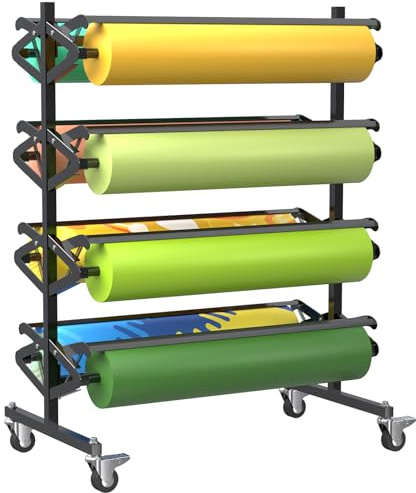 Paper Roll Dispenser Holder with Cutter, 8-Roll Rack for 36 W x 9 Dia Butcher, Craft, Gift Wrap & Art Paper Rolls, Heavy-Duty Mobile Organizer for Classroom, Studio & Retail