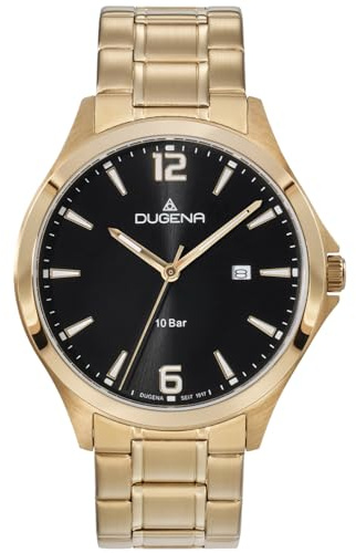 Dugena Herren Armbanduhr Boston 4461185, Quarz Uhrwerk, schwarzes Zifferblatt, Mineralglas, Edelstahlarmband, goldfarbig, 10 bar