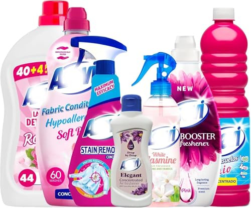 7 Piece Pink Spanish Cleaning Products Bundle Giftset Air Freshener 400ml, Floor Cleaner 1L, Fabric Softener 60W, Laundry Detergent, Elegant Scent, Stain Remover, Scent Booster – Home Cleaning Set