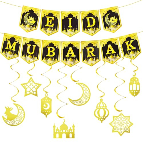 Minfuerang Ramadan Deko Set,Eid Mubarak Deko (Schwarz und Gold) | Ramadan Mubarak Banner&Goldene Deckenhänger Spiralen,mit Mond Stern Laterne Anhänger,Islamische Party Dekoration für Zuhause