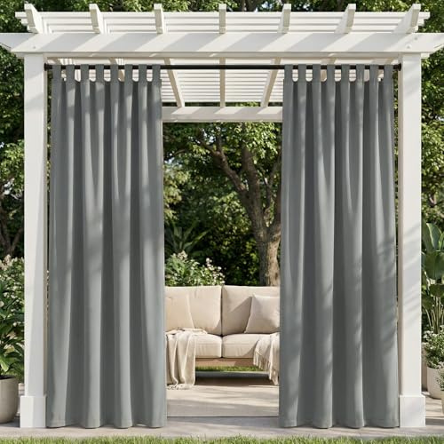 TOPICK Rideaux d'extérieur à Pattes L132 x H245 cm, Gris Clair,2Pièce | Occultants Imperméables, Protection de l'Intimité, Usage Intérieur et Extérieur, pour Pergola Terrasse Balcon Jardin Tonnelle