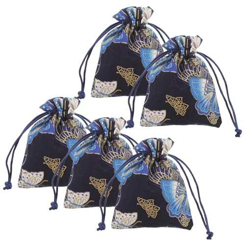 jojofuny 5 Stück pack Kleine Kordelzugbeutel aus Stoff Kompakte Schmuck und Geschenktaschen für Hochzeiten Partys und Aufbewahrung Dunkelblau mit Floralem Muster