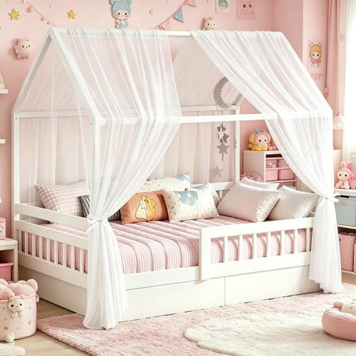YushengTai Weiß Hausbett Himmel, 2 Stück Betthimmel Hausbett 150 x 350 cm, Himmelbett Vorhänge für Mädchen & Jungen, Kinderbett Baldachin Kinderzimmer Deko