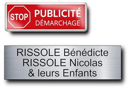 Plaque Boite aux Lettres Personnalisable 10x2,5 cm + Plaque Stop Pub - PVC Adhésif - Étiquette Nom Prénom Famille 3 Lignes - Pas de Publicité Démarchage
