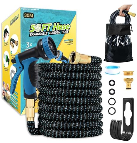 Tuyau Arrosage Extensible 30m, Tuyau D'arrosage Flexible avec 1/2 et 3/4 Adaptateurs, 10 Modes d'Arrosage, Latex Triple Épaisseur Durable avec Raccords et Sac, pour Nettoyage, Arrosage (30M/100ft)