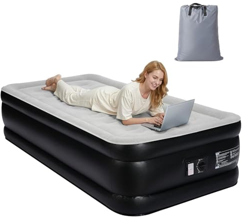 LEADZM Luftbett 1 Person, Luftmatratze Selbstaufblasend Einzel mit eingebauter elektrischer Pumpe,190x99x45 cm,Gästebett in 3 Minuten aufgeblasen, Flockoberfläche & PVC,Dunkelgrau & Schwarz