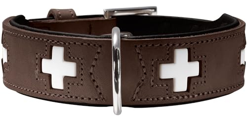 HUNTER Hundehalsband SWISS, Farbe: braun/schwarz, weiches Rindnappaleder, handvernähte Schweizer Kreuze, langlebig und komfortabel, hochwertige Handarbeit, Made in Germany, Größe: M-L (60)