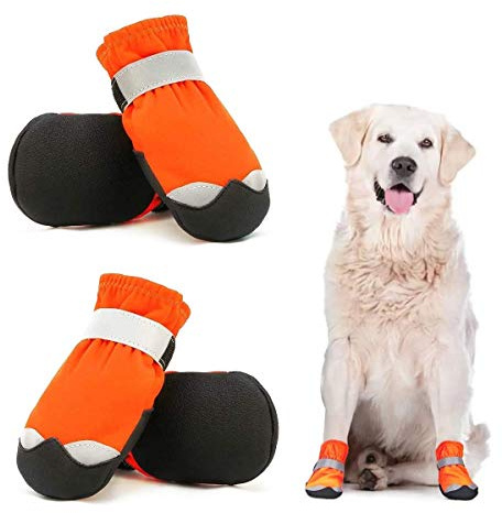 Dociote wasserdichte Hundeschuhe pfotenschutz mit Anti-Rutsch Sohle, reflektierendem Riemen, Klettverschluss Schneeschuhe für mittelgroße große Hunde 4 Stück Orange 5#