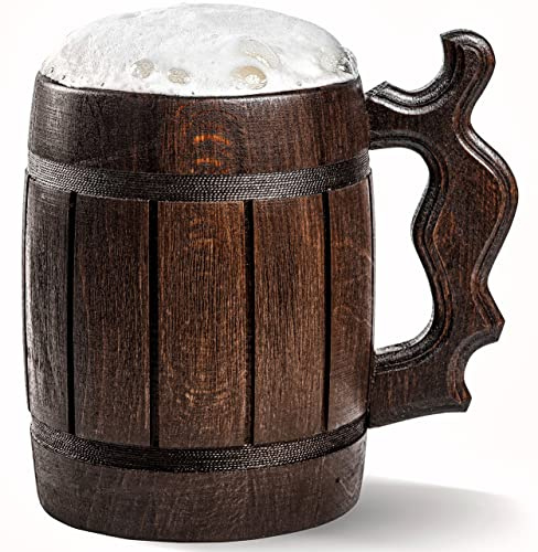 20 oz (600ml) Handmade Wooden Beer Mug – Real Oak Viking Tankard – Rustic Wooden Beer Stein with Stainless Steel Cup – Eco-Friendly Gift for Men – Birthday, Christmas, Fathers Day Retro Barrel Mug