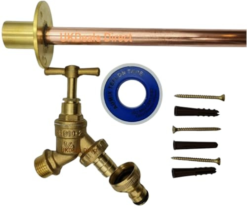 UKDeals direct® Gartenhahn-Set für den Außenbereich, Wandmontage mit Durchgangsflansch, Messing, Gold
