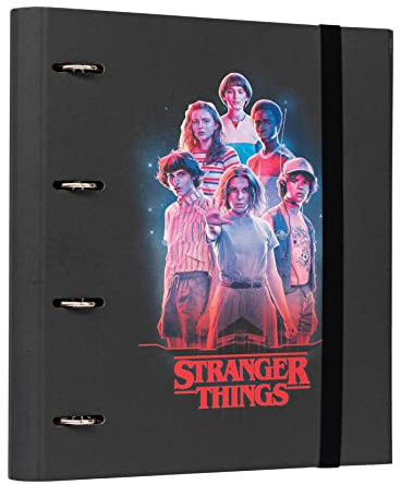 Grupo Erik Carpeta Anillas A4 Stranger Things Merchandising | Archivador 4 Anillas de Tapa Dura y Banda Elastica, Archivadores Escolares para Niños y Niñas