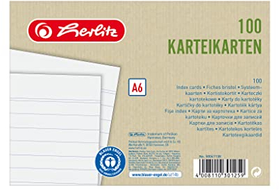 Herlitz Karteikarten A6, liniert, Weiß, Blauer Engel, 100 Stück, für Vokabeln, als Lernkarten und Moderationskarten, 50041138