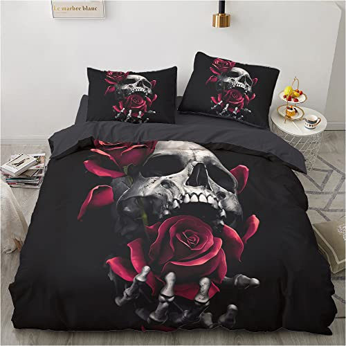 Luowei Gothic Bettwäsche 155x220 3 teilig Totenkopf Skull Rosen Bettbezug Set Weiche Microfaser Bettwäsche mit Reißverschluss und 2 Kissenbezüge 80×80 cm