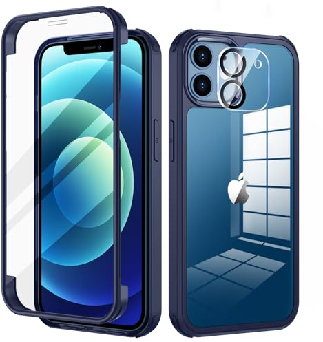 seacosmo Coque pour iPhone 12 6,1 Pouces, Antichoc Housse avec Verre Trempé Protection écran +[9H Dureté Caméra Arrière Protecteur] Intégrale Mince 360°Protection Bumper Robuste Transparente - Bleu