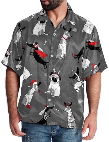 Luoweisi Herren Grau Niedlicher Hund mit Weihnachtsmütze Shirts Kurzarm Casual Button Down Shirts Casual Hawaii Hemden S, Grauer süßer Hund mit Weihnachtsmütze, XL