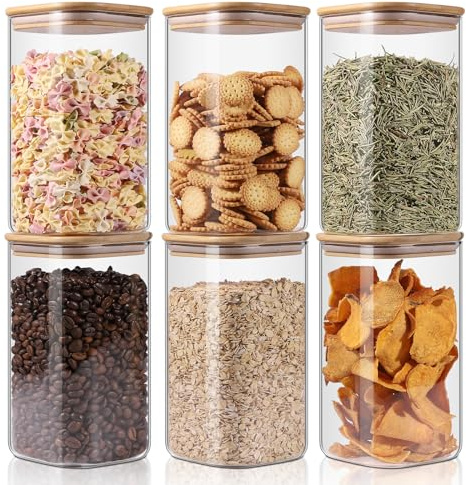 Glass Storage Jars 6 Pack -50oz (10cmx20cm)Clear Glass Food Storage Containers with Airtight Bamboo Lid Stackable Kitchen Canisters for Candy,Cookie,Rice,Sugar,Flour,Pasta,Nuts and Spice Jars(Square)