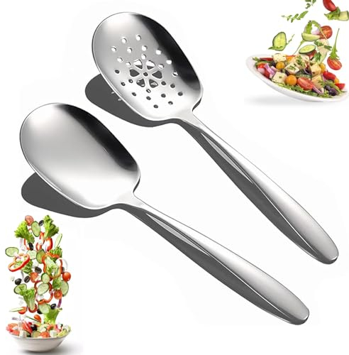 Tomuvpzn Servierlöffel Set aus Edelstahl - 2 Stück Großer und Geschlitzter Löffel, Salatbesteck für Bankett, Buffet, Restaurant
