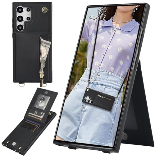 Ysnzaq Geldbörse Hülle für Samsung Galaxy S24 Ultra (Not S24) XK Schwarz | PU Leder Brieftasche Handyhülle mit Band, Reißverschluss, Kartenfach, Stoßfest Schutzhülle für Samsung Galaxy S24 Ultra