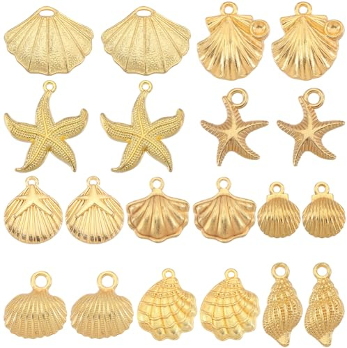 SUNNYCLUE 1 Box mit 60 Muschel-Charms, 10 Stile, goldfarben, Meeressternform, Sommermuschel-Legierung, zum Thema Ozeanleben, Meerestiere, Strand-Charms für Fabricatio