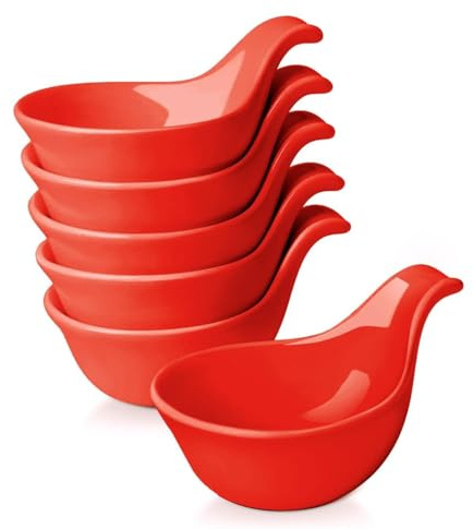 Flexzion Keramik-Dip-Schalen, kleine Schalen zum Dippen mit Griff, Gewürzbecher, Sojasaucenschale, Porzellan-Ramekins, Soßenhalter, Behälter für kleine Beilagen, Dips, 85 ml, Rot, 6 Stück