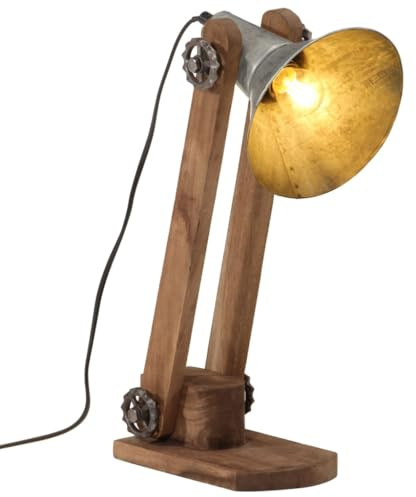 vidaXL Schreibtischlampe, Tischlampe mit Handbemalt, Tischleuchte für Wohnzimmer Esszimmer Büro, Leselampe, Industrie-Stil, 25 W Vintage Silbern Eisen Massivholz