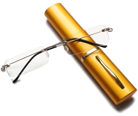 ABETOS Lesebrille Mini Randlos Blaulichtfilter Damen Herren Schmal Metall Lesebrillen Ohne Rahmen Kompakt Sehhilfe Lesehilfe mit Etui