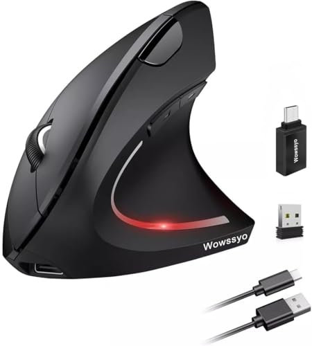 Wowssyo 2.4G Wireless Vertical Ergonomic Mouse Optical Ergonomic Wireless Optical Mouse Rechargeable for Windows and Mac OS, BT5.2, 800/1200/1600 DPI, 5 Buttons