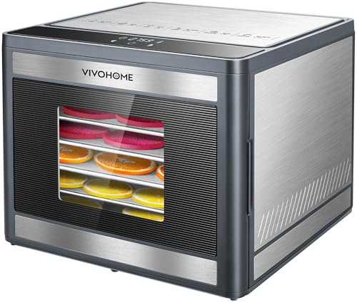 VIVOHOME Food Dehydrator Machine, 6 Trays Dehydrator for Jerky, Fruits, Meat, Stainless Steel Electric Food Dryer with 48H Timer, Temperature Control for Vegetables, Herbs, Mushroom, Dog Treats