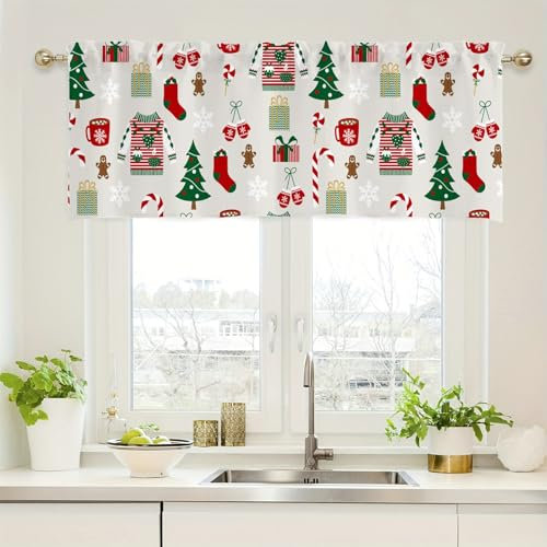 KnSam Küchengardine Fenster, Weihnachten Muster Blickdichte Scheibengardine Schlafzimmer, 1er Rod Pocket Polyester Vorhänge Gardinen Wohnzimmer für Fenster Vorhänge, BxH 152x45cm