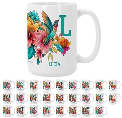 Taza Personalizada con Inicial y Nombre (A-Z) - Diseño de Colibrí para Niñas | Taza XL de Cerámica 450ml para Café, Té o Desayuno | Regalo Original (Letra-L)