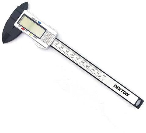 Dekton Carbon Fiber Digital Caliper - Precision Measuring Tool with 0-150 mm Range, 0.1 mm Reading Accuracy, Includes LR44 Battery for Accurate Measurements in Various Applications.