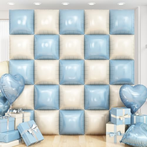 Blue White Square Foil Balloon Wall,25Pcs Double Sided Balloons Backdrop Helium Balloon Tunnel Arch Garland Kit for Birthday Bridal Anniversary Baby Shower Party Decorations