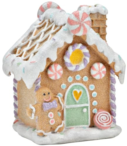 Süßes Lebkuchenhaus mit Lebkuchenmännchen - Weihnachtliche Dekofigur in Mint und Rosa für festliche Tischdeko, Winterdeko & süße Weihnachtsdeko - Wetterfeste Dekoration aus Polyresin für Innen & Außen