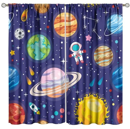 Djaby Kid Galaxy Window Curtains, Cartoon Outer Space Planet Rocket Astronaut Curtains for Kids Boys Room Child Bedroom Decor 42 W X 45 L