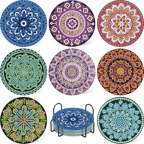 Daisen Art 8 Stück Diamond Painting Untersetzer Mandala Diamond Painting Coasters with Holder, Mandala Diamond Cup Coasters 5D DIY Mandala Untersetzer Rutschfest für Anfänger, Erwachsene & Kinder