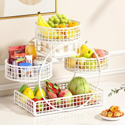 JUNYFFF Fruttiera Cesto di Frutta A 4 Livelli, Ciotola di Frutta in Metallo Carrelli Portafrutta Moderno, Cestino per Frutta A 4 Ripiani, Cestino Portafrutta Decorativo,Bianca,A