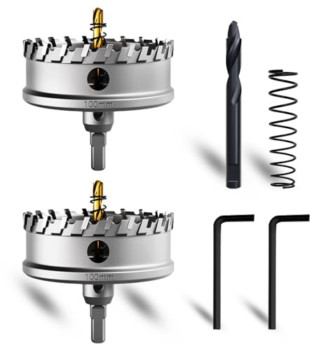 METOTY 2 Stück 100mm lochsäge metall，Hartmetall Lochsäge,Hartmetall Bohrer,mit Ein zusätzlicher nitrierter Stufenführungsbohrer gratis und L-Wrench,für Stahl Eisen Aluminum Metall
