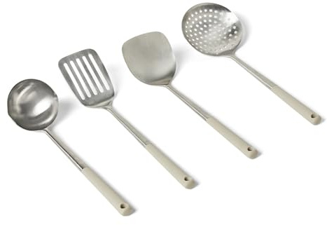 Amazon Basics Juego de Cucharas y Cucharones de Cocina de Acero Inoxidable, Juego de 4 Piezas, Asa de Agarre Suave, Aptos para Lavavajillas, Gris Lino