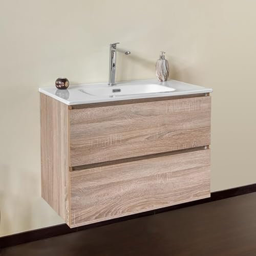 Yellowshop | Mobile Bagno Sospeso CLOE - Composizione Completa con Lavabo Ceramica, Chiusura Soft Close, Finitura Rovere (60 cm, Mobile con Lavabo)