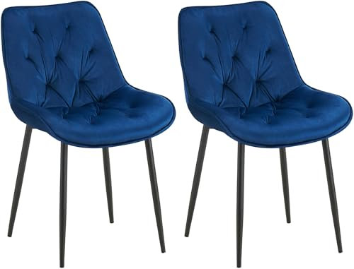 CLP 2er Set Esszimmerstuhl Wallace I Moderner Polsterstuhl mit Samtbezug & Steppung I Metallgestell I 120kg belastbar I Komfortabel, Farbe:blau