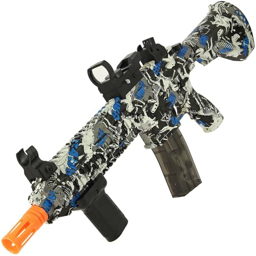 Electric GelSoft Gel Blaster – Blue Graffiti Design | Fully Automatic and Manual Modes, USB Rechargeable 7.4V Battery, Magazine Fed With Scope, Safety Glasses & 5,000 Rounds | Fun Outdoor Toy Gun