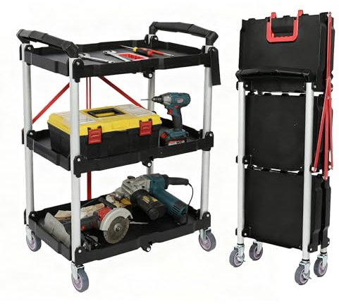 uyoyous klappbarer Rollwagen mit Rollen,3 Etagen Servierwagen mit gebremsten,küchenwagen mit Griff,83 * 65 * 39cm Tragkraft 90 kg für Büro, Lager und Reparaturwerkstatt, schwarz