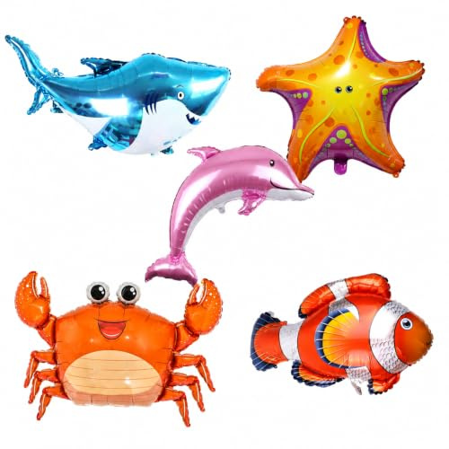 Tourima 5er Meerestiere Folienballons, Unterwasser Deko dergeburtstag | 5 Motive: Hai, Delfin, Seestern, Krabbe, Fisch, große Formen bis 116 cm, für Ozeanparty, Poolparty und Fotoecke zu Hause