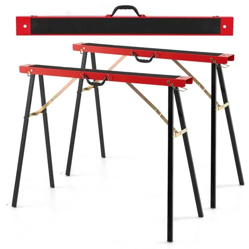 HOMFME 2PCS Folding Saw Horses Twin Pack, Heavy Duty Metal Workbench Stands with Non-Slip Top, Carrying Handle, Hinge Brace, Portable Pair Sawhorse Trestle Stands, Max Load 375kg (Black + Red)
